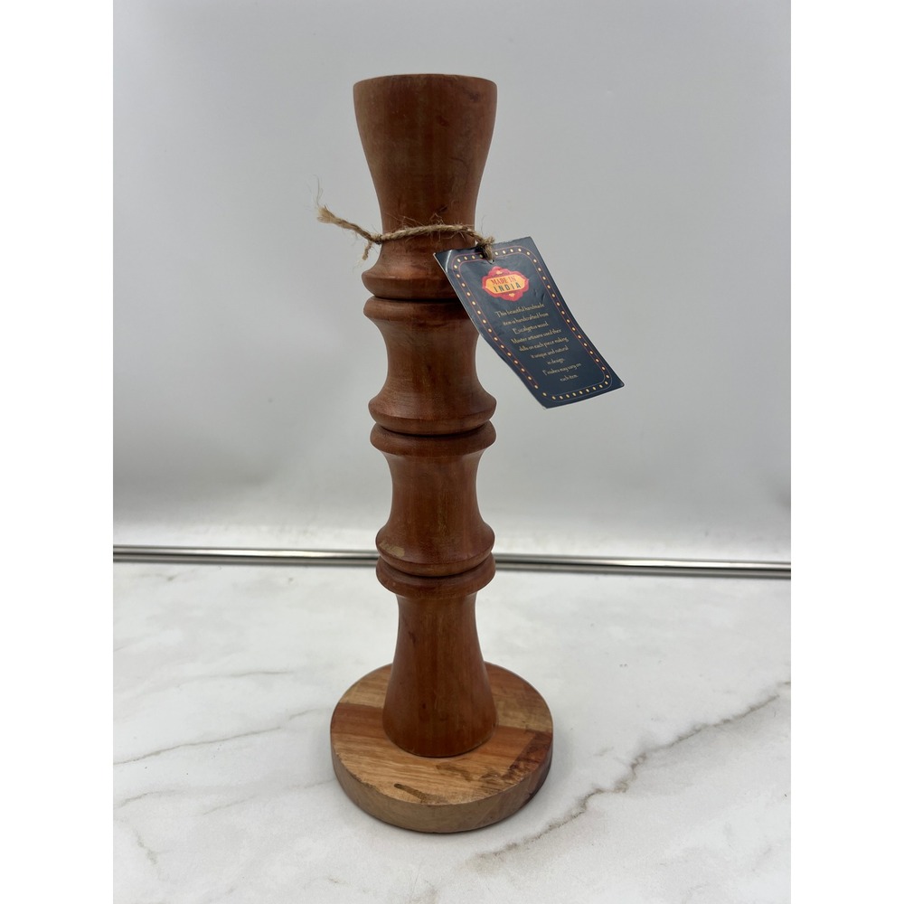 Turned Wood Taper Candle Holder 11.5" Handmade Eucalyptus Made in India Brown
